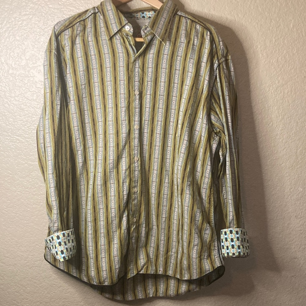 Robert Graham Shirt Classic Casual Collared Polo Green Stripped Button Down 3XL